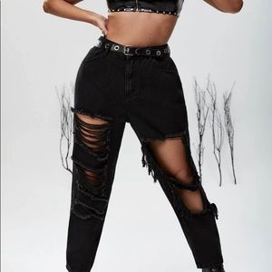 Plus High Waist Ripped Self Belted Mom Jeans.